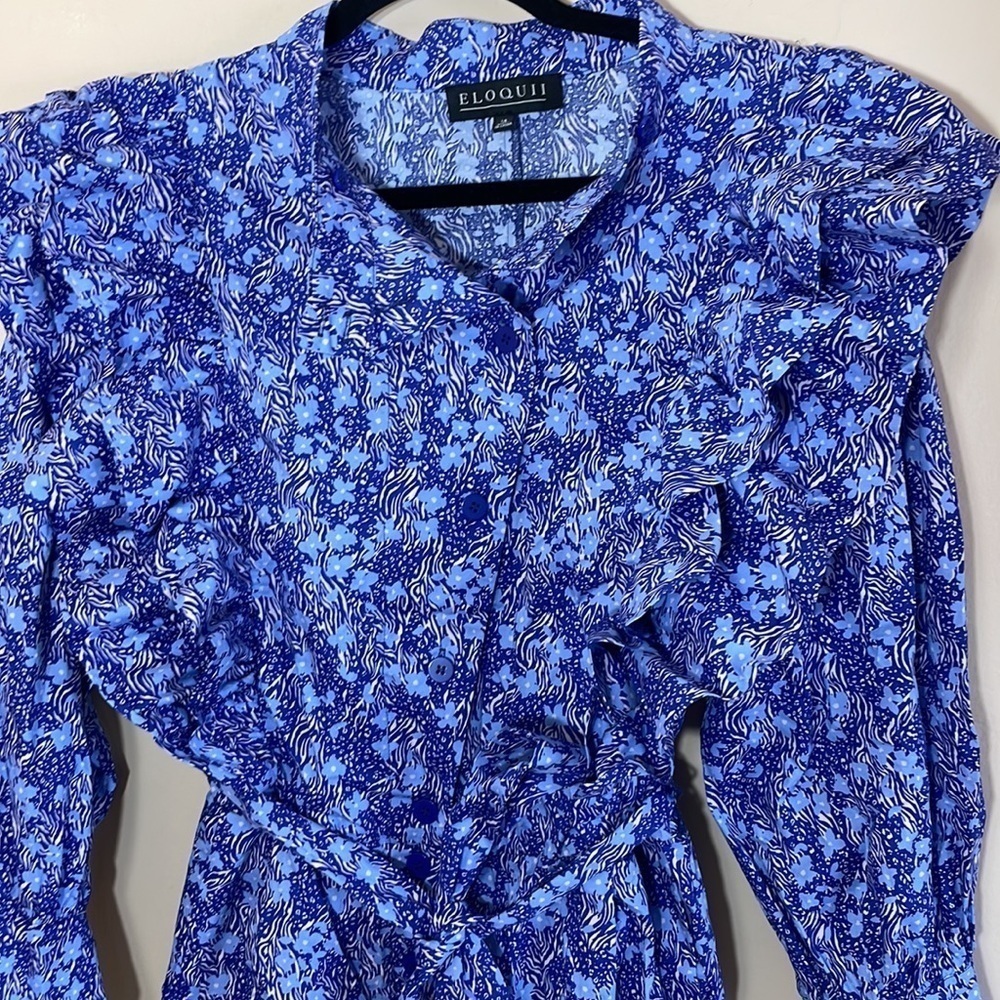Eloquii 14 Ruffle Detail Printed Jumpsuit blue - Picture 5 of 9
